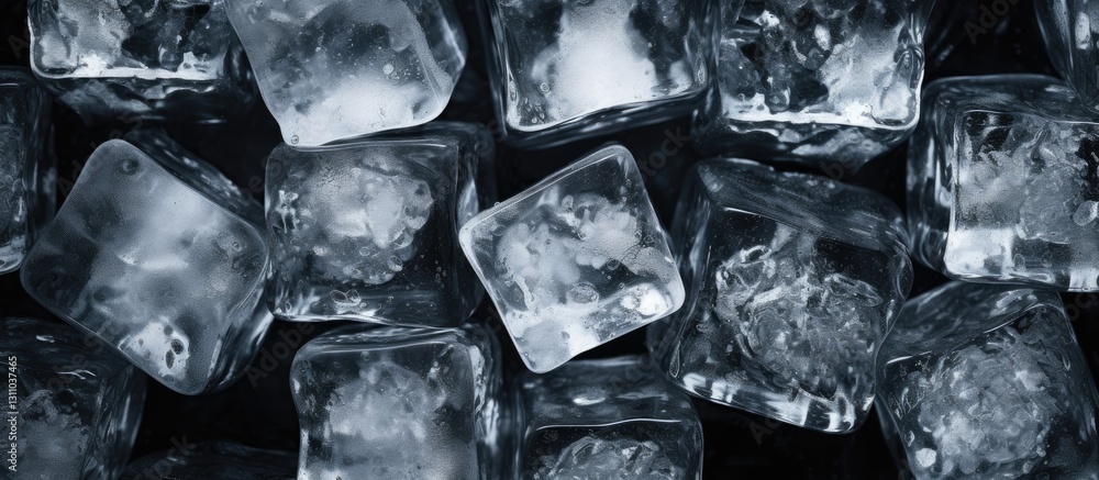 Aufkleber Top view of clear ice cubes with intricate patterns on a dark black background creating a sleek modern bar aesthetic with ample copy space