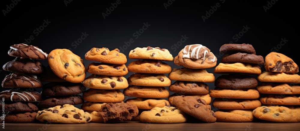 Aufkleber Delicious assortment of cookies stacked in rows with various textures and colors on a dark background showcasing their tempting variety and appeal