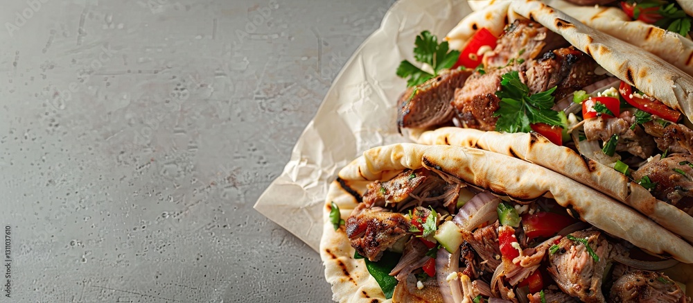 Poster top view of grilled pita bread filled with doner kebab and shawarma topped with meat and colorful ve