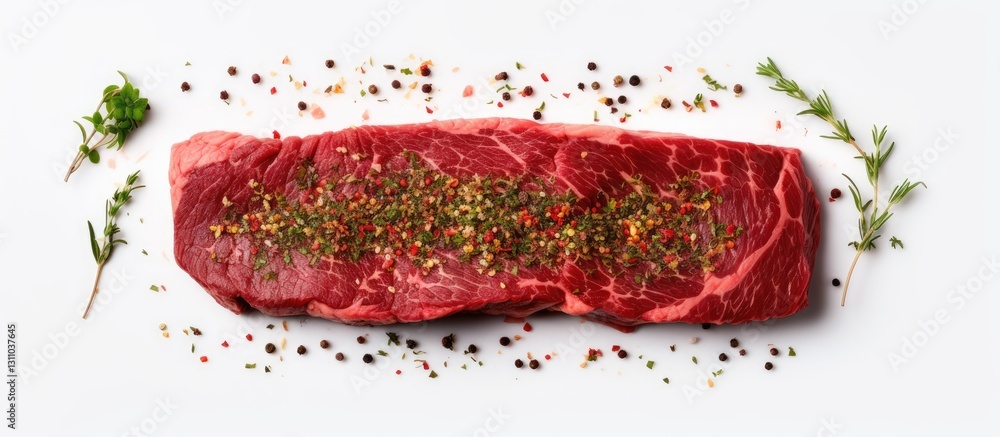 Poster fresh raw beef steak seasoned with colorful spices on a white background with herbs arranged around 