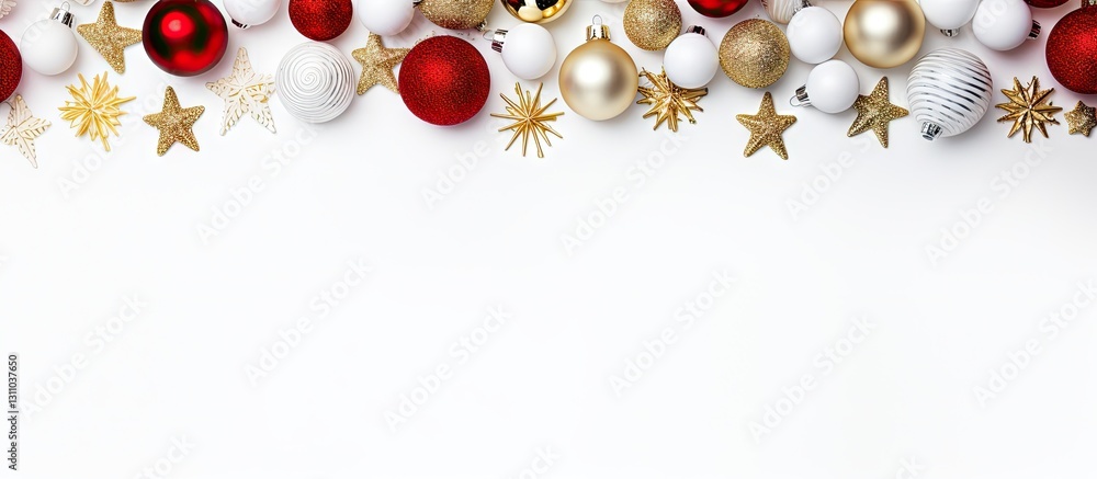 Poster elegant top-down view of a white background adorned with red and gold christmas ornaments and stars,