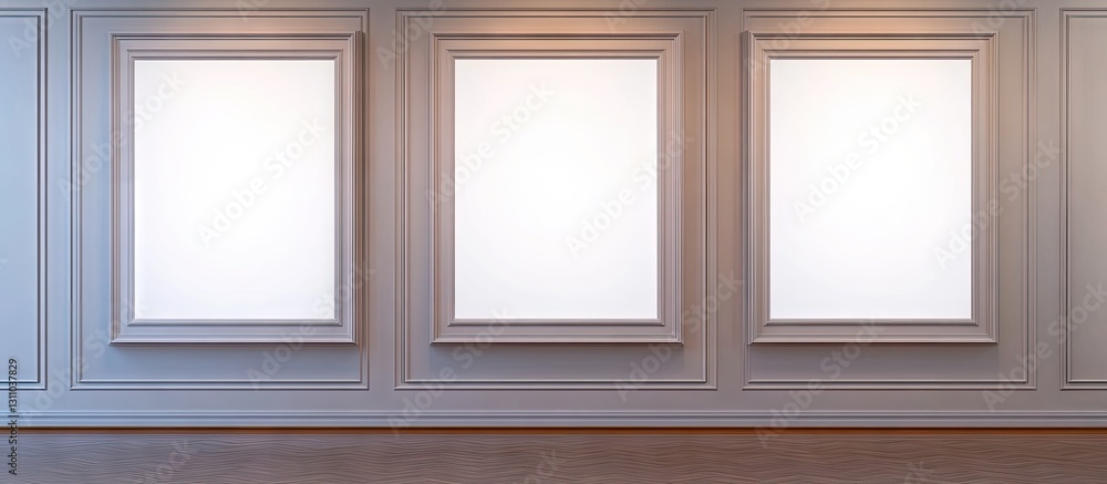 Poster three elegant ornate picture frames display blank white canvases in a refined art gallery with soft 