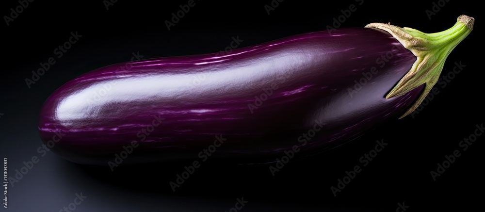 Poster shiny deep purple eggplant positioned on a sleek black surface with a subtle highlight, ample space 