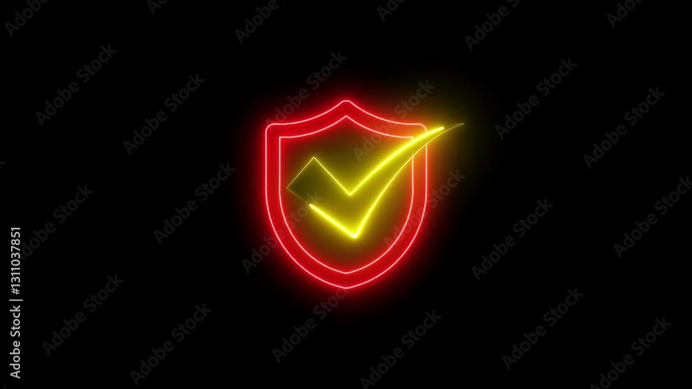 Poster glowing neon security shield with check mark icon isolated . security shield protection icon with ti