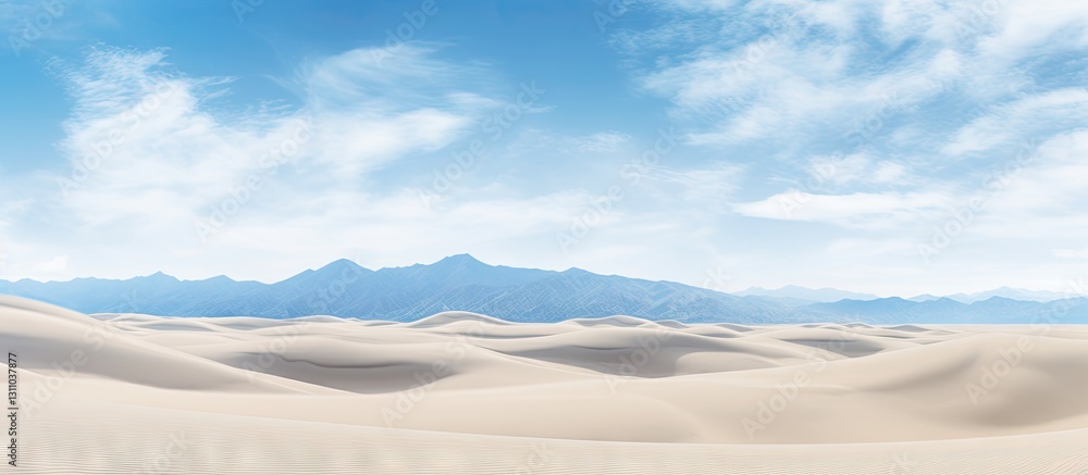 Poster vast tottori sand dunes under a clear blue sky with soft white clouds gently drifting, creating an e