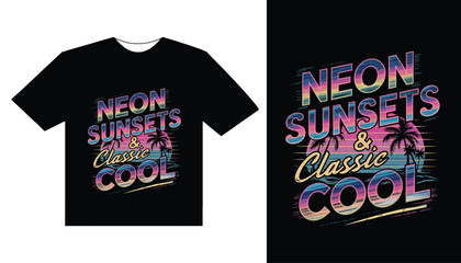 Neon Sunsets Classic Cool T-Shirt – Retro 80s Beach Aesthetic Sunset Palm Trees Vintage Vibes Vaporwave Synthwave Graphic Tee – Trendy Summer Streetwear Fashion Shirt
