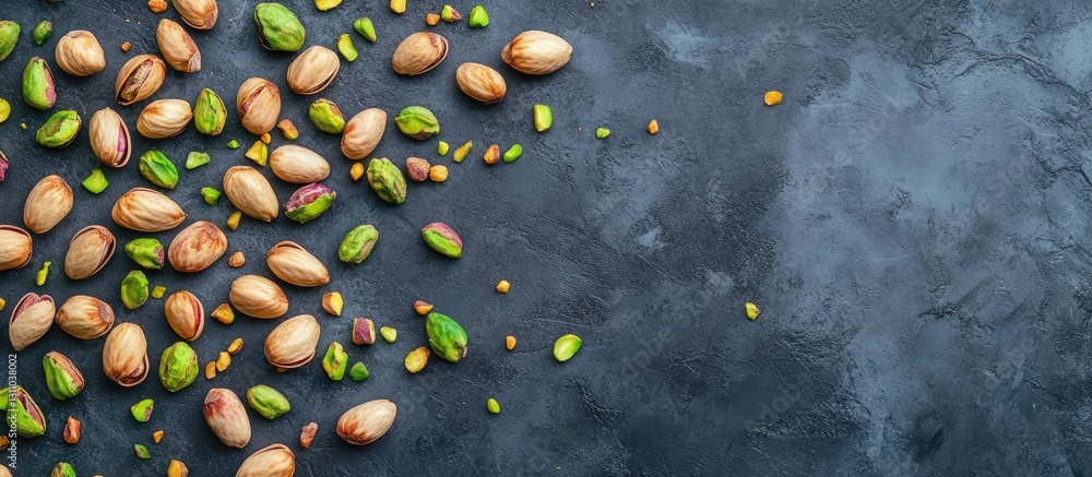 Poster scattered assortment of raw pistachio and almond nuts on a dark textured surface with green and beig