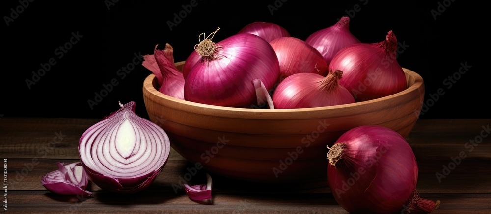 Poster bowl of vibrant red onions on a wooden surface with dark background showcasing onions inside and out