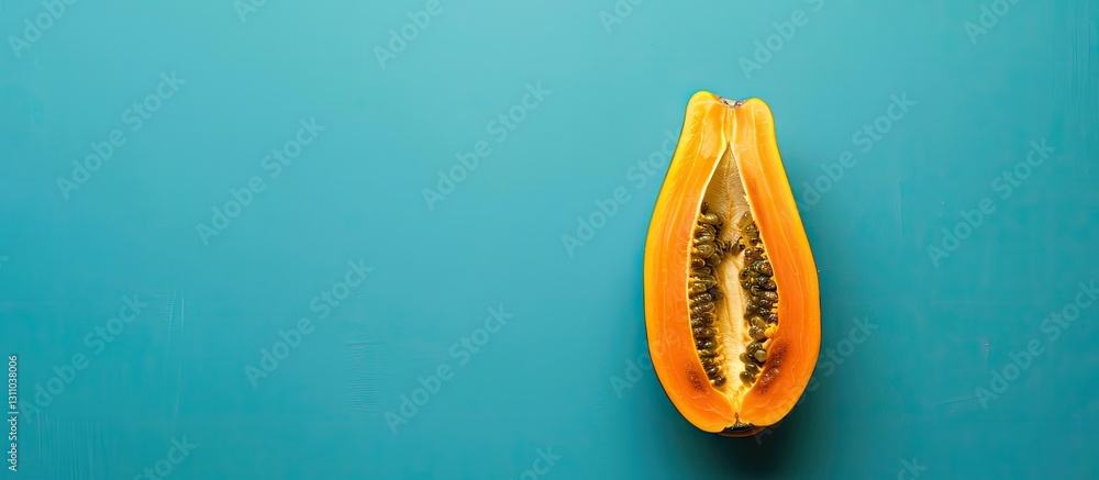Poster Top view of a sliced papaya in vibrant orange against a turquoise background with ample space for text on the left side of the image