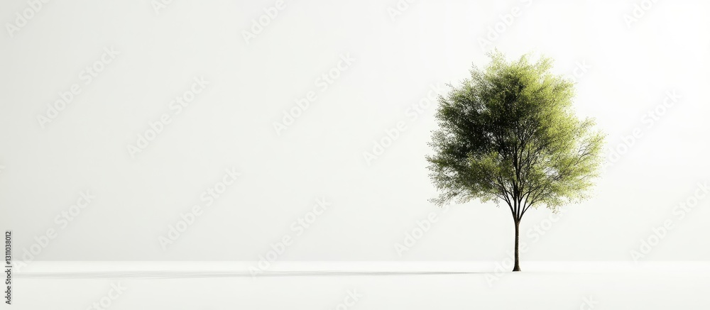 Poster lone green tree with light foliage positioned left on minimalistic light gray background creating a 