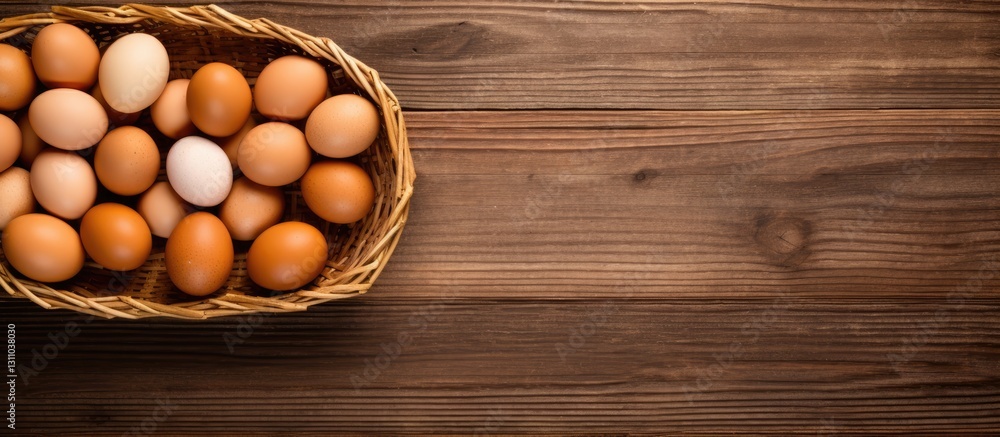 Poster wicker basket filled with white and brown raw chicken eggs on a rustic wooden table with ample space