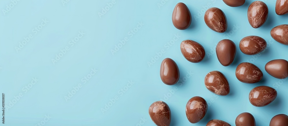 Poster chocolate easter eggs scattered on pastel blue background with ample copy space featuring a decorati