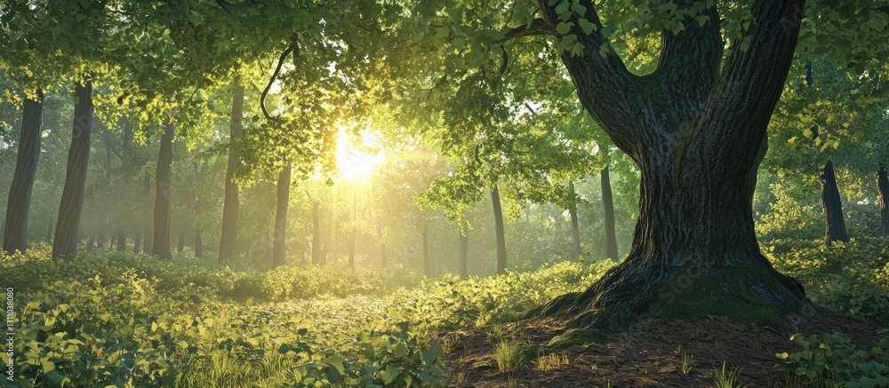 Aufkleber Sunlight filtering through green beech treetops in a serene forest clearing highlighting lush foliage and rich textures in soft golden hues