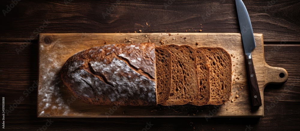 Poster top view of a sliced rye bread loaf on a rustic wooden cutting board with a dark background and a kn