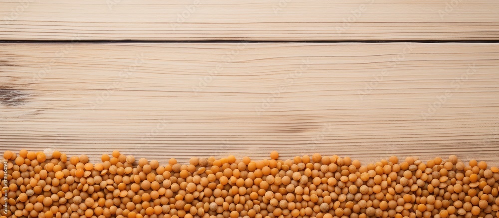 Poster Raw lentils scattered along the bottom of a light wooden table with ample blank space above for text or design elements