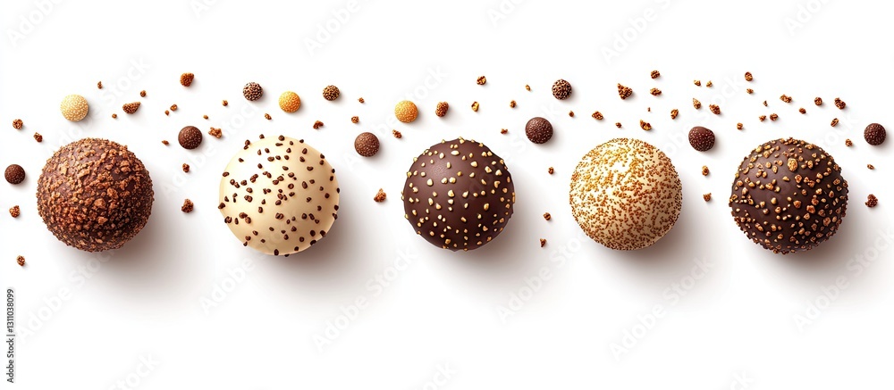 Poster Assorted chocolate truffles in a row with different toppings on a white background featuring brown and beige colors with scattered chocolate crumbs.