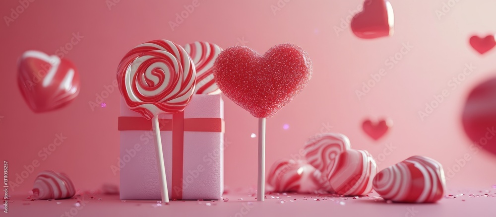 Poster valentine's day nostalgia with heart-shaped lollipops and a white gift box on a soft pink background