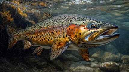 Fototapeta premium Vibrant Brown Trout Swimming Gracefully Underwater in a Stream