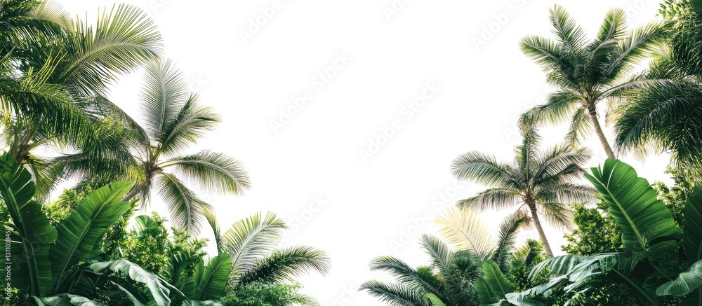Poster lush green palm trees framing a bright white background creating a serene tropical atmosphere with v