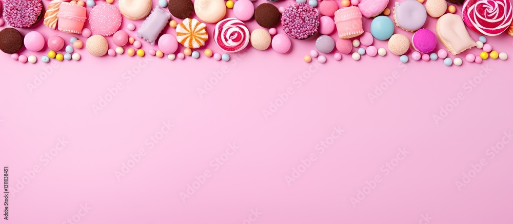 Poster colorful assortment of sweets including macarons and candies arranged on a pink background with spac