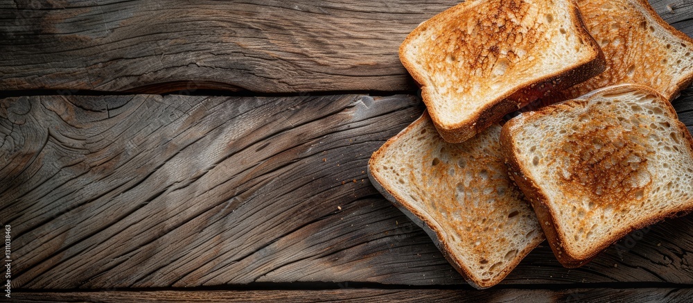 Poster toasted bread slices arranged on a rustic wooden table in the top right corner with blank space on t