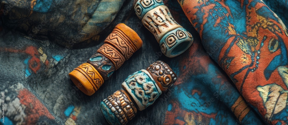 Aufkleber tribal polymer clay beads in turquoise and orange on vibrant patterned fabric creating a handmade je