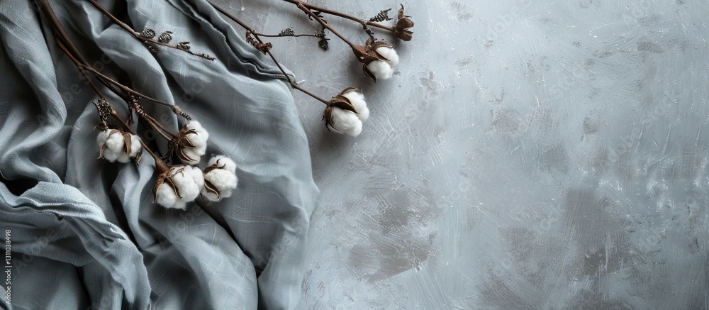 Aufkleber cotton fabric draped on concrete background with white cotton branch on the left side creating ample