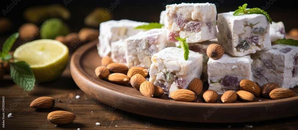 Aufkleber turkish delight lokum with nuts arranged on a wooden plate surrounded by almonds and fresh mint leav