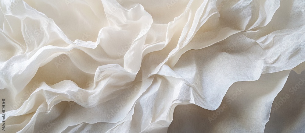 Aufkleber delicate textured white fabric with soft folds and subtle sheen arranged intricately on a light back