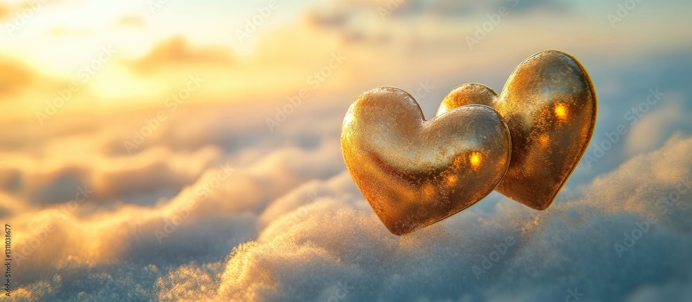 Poster golden hearts in soft clouds at sunrise creating a serene fog effect with warm golden hues and gentl