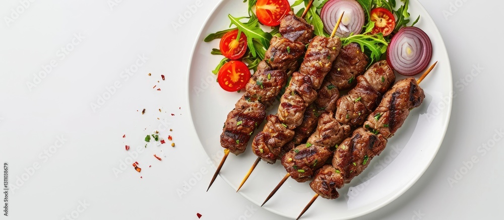 Poster grilled adana kebab skewers arranged on a white plate with cherry tomatoes, red onion, and greens on