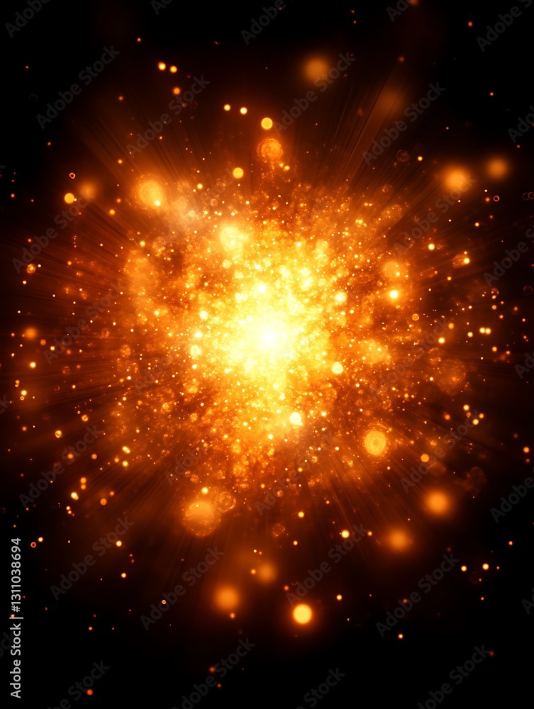Poster explosion of golden light particles in a dark void background concept