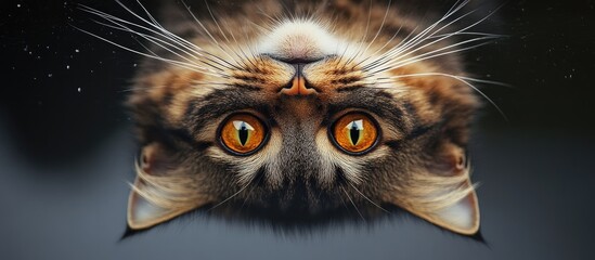 Angry upside down cat with striking orange eyes and vivid fur details against a dark background emphasizing intense emotion in 16:9 aspect ratio