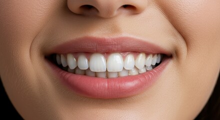 Naklejka premium Close-up of a smiling mouth with white and straight teeth.