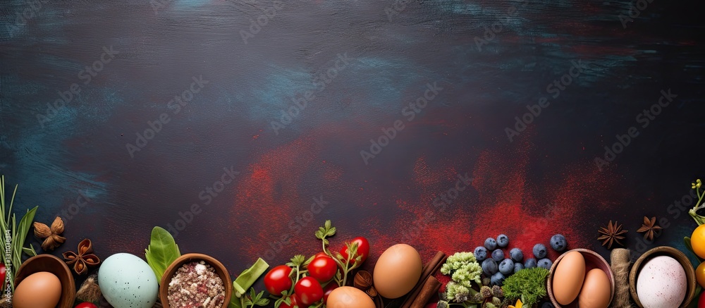Poster easter themed ingredients arranged in circular bowls on dark surface with vibrant red accents featur