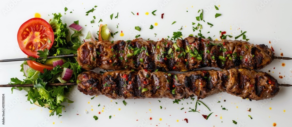 Poster grilled adana kebab on skewers with garnishing of parsley and tomato salad on a white background ide
