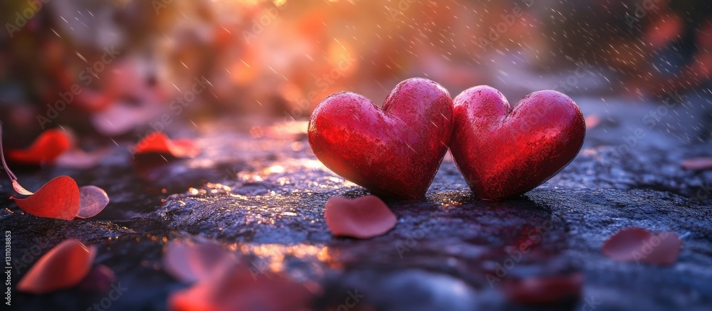 Poster romantic red hearts on a textured surface surrounded by vibrant rose petals illuminated by soft warm