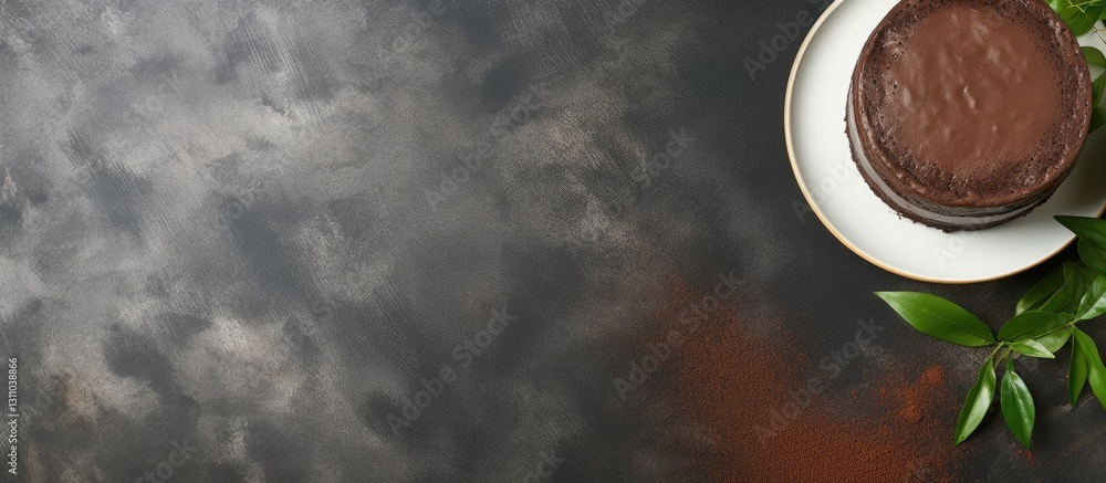 Poster chocolate cake on a white plate placed on a dark textured surface with green leaves scattered around