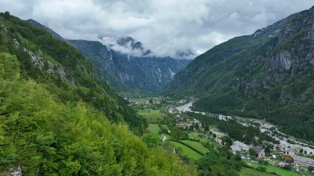 Drone view of the small village of Teth in the Albanian Alps.