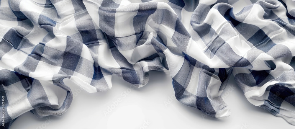 Leinwandbilder crumpled blue and white checkered fabric drapes on a white background creating soft folds with ample