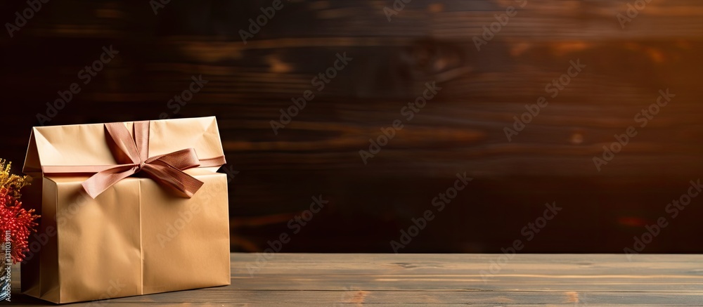 Aufkleber Gift box with brown ribbon and blank paper bag placed on wooden table with dark background creating ample copy space for text or design use.