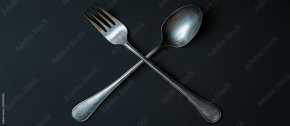 Poster Crossed silver fork and spoon on a dark background with shadowing highlights, displaying a classic utensil arrangement for dining concepts.