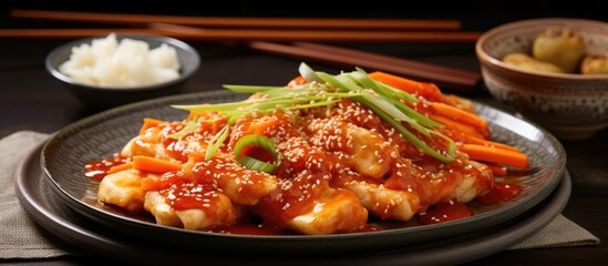Fototapeta premium Vibrant Korean dish garnished with sesame seeds and green onions on a dark plate, accompanied by rice and olives on the side, black chopsticks.