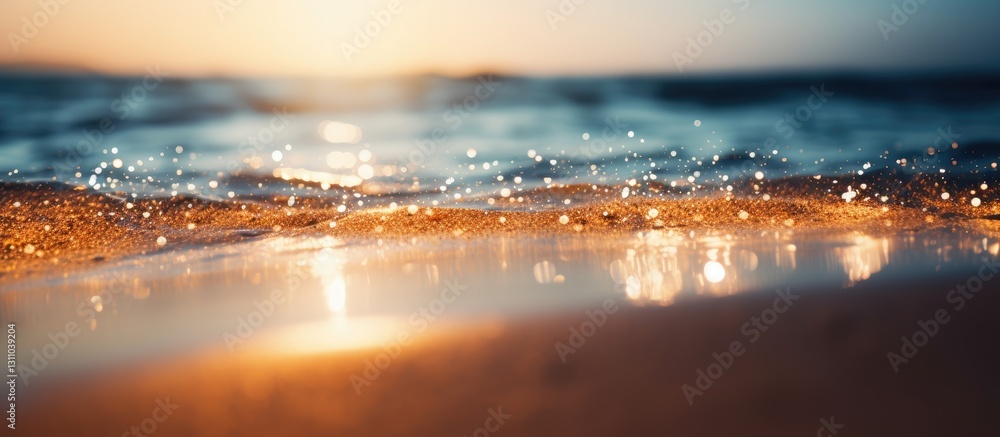 Aufkleber bokeh effect on tropical beach with soft golden and blue hues, sunlit water creating a dreamy scene,