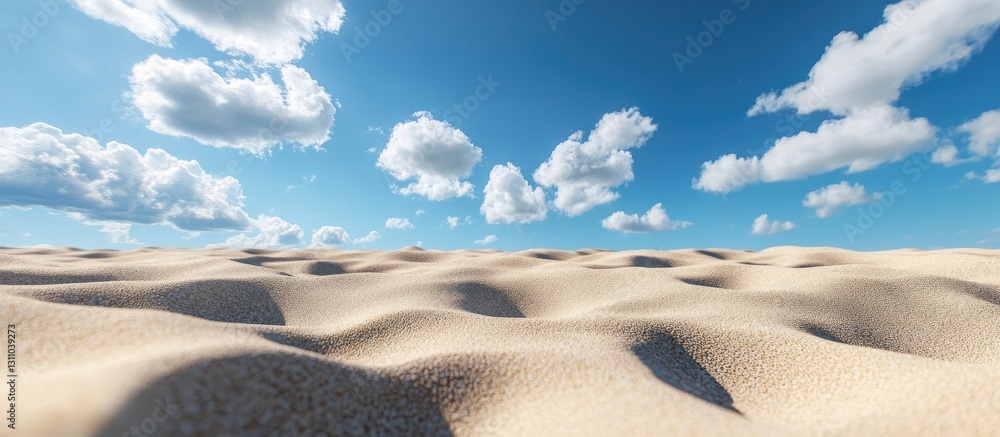 Aufkleber sand dunes with soft ripples in golden beige under a vibrant blue sky filled with fluffy white cloud