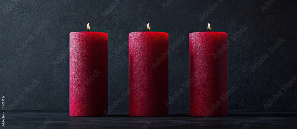 Poster three tall red candles arranged symmetrically against a dark textured backdrop with soft light accen