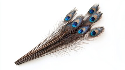 Obraz premium 08011203 125 125.Concept: Clothing and home decoration. Peacock feather on white background --ar 16:9 --v 6.1 Job ID: dfba1664-748e-4a17-b419-45fc35e6070d