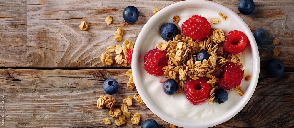 Poster granola topped with fresh blueberries and raspberries served in a white bowl on rustic wooden surfac