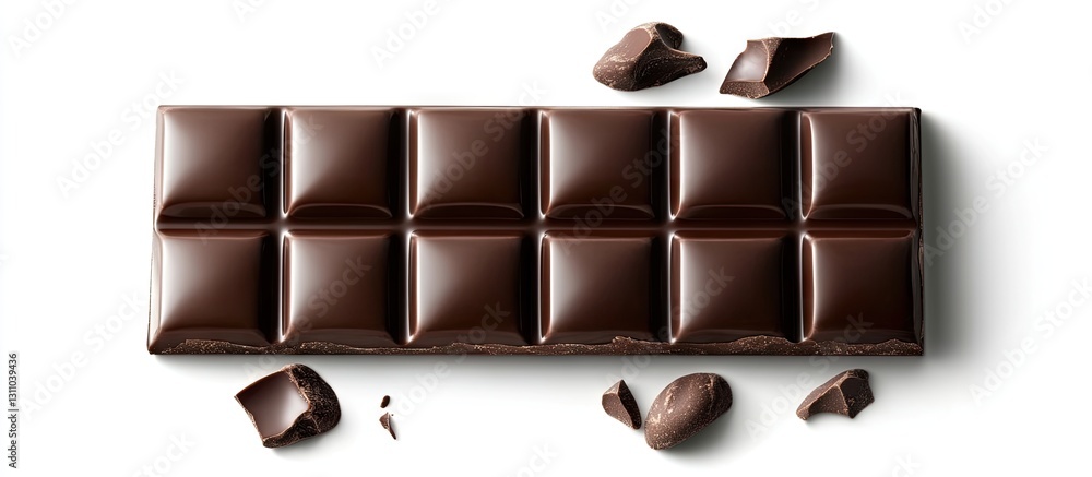 Poster top view of a smooth dark chocolate slab with rich texture and depth, featuring evenly shaped square