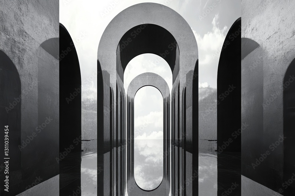 Poster echoes of arches: a mesmerizing study in architectural symmetry, this monochromatic image captures a